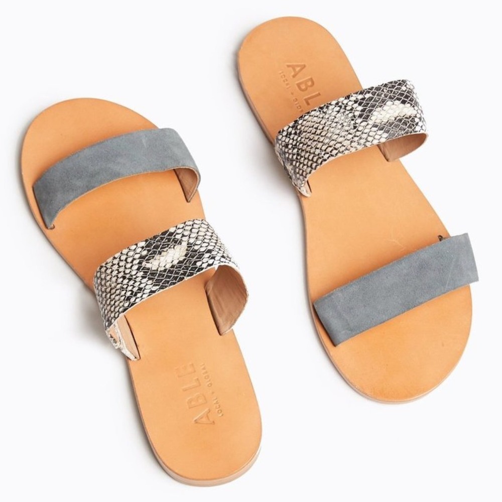 ABLE Joselyne Double Leather Strap Sandal in Gray Snake Print Sz 6 Boho Minimal